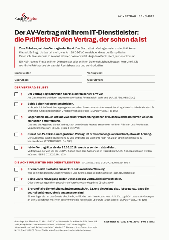 Die Prüfliste zum AV-Vertrag mit dem IT-Dienstleister, Seite 1 von 2
