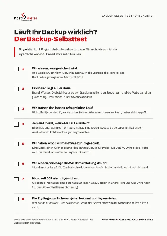 Die erste Seite des Backup-Selbsttests