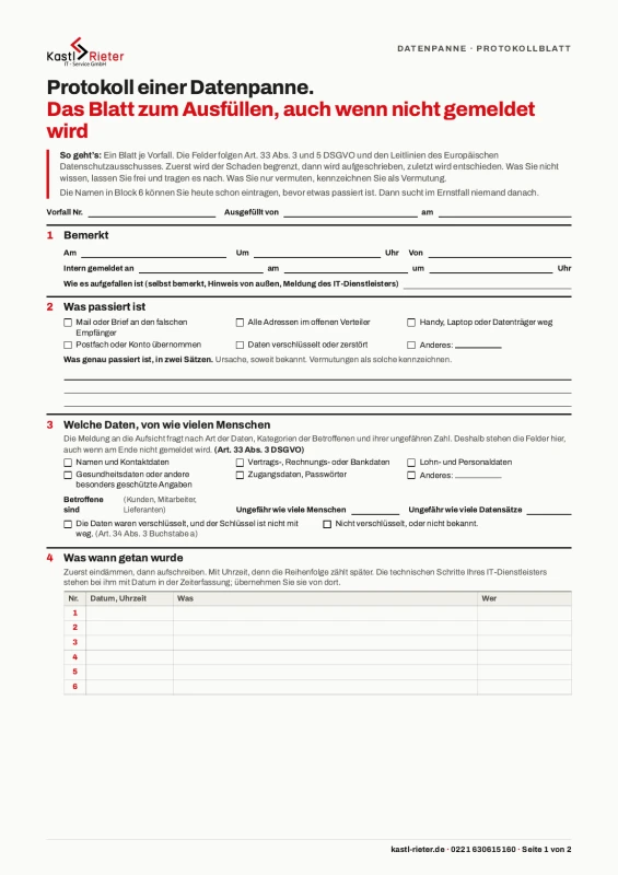 Das Protokollblatt zur Datenpanne, Seite 1 von 2