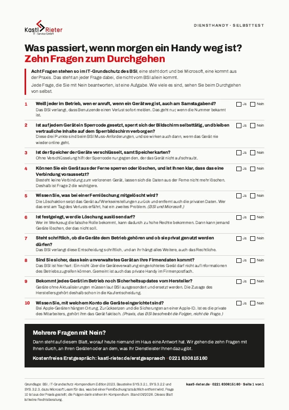 Die erste Seite des Selbsttests zum Diensthandy