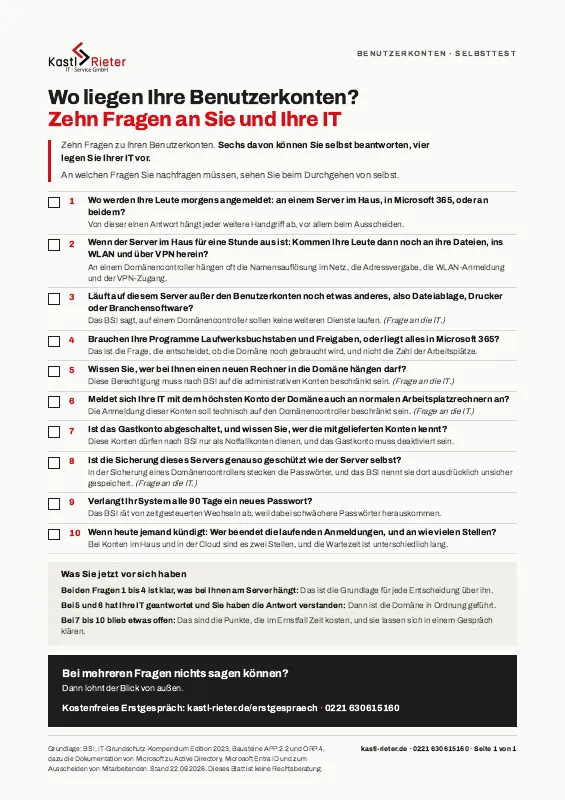 Die Seite des Selbsttests zu den Benutzerkonten