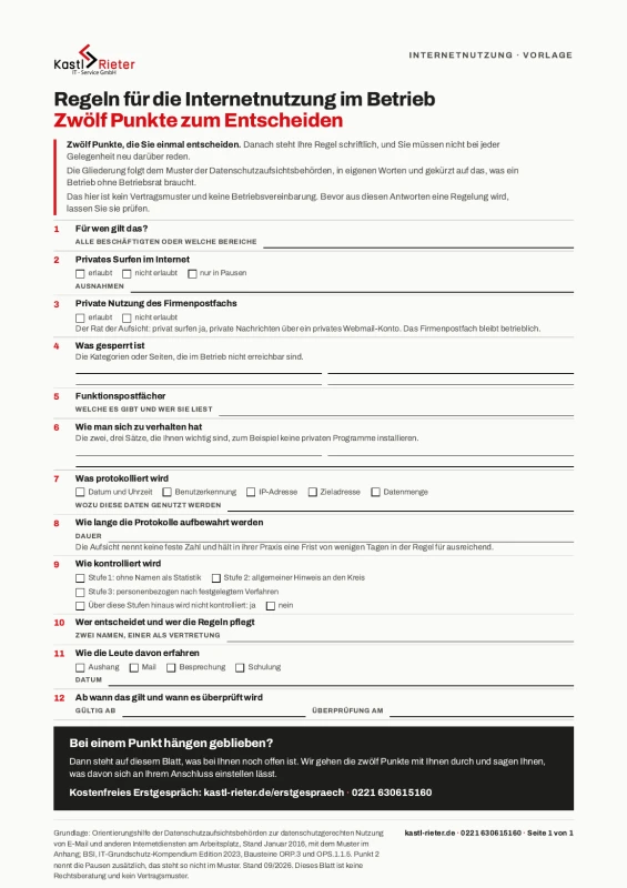 Die Vorlage für die Regeln zur Internetnutzung, eine Seite hochkant