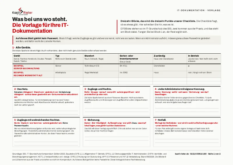 Die erste Seite der Vorlage für die IT-Dokumentation, quer