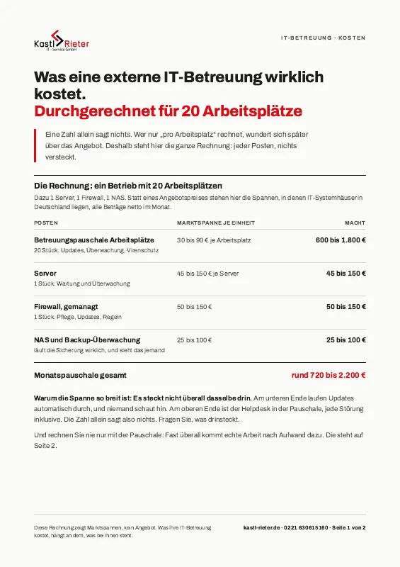 Die erste Seite der Kostenrechnung