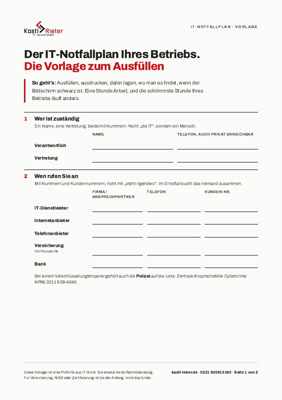 Die erste Seite der IT-Notfallplan-Vorlage