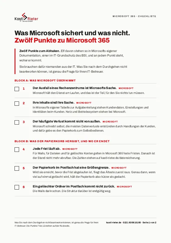 Die erste Seite der Checkliste zu Microsoft 365