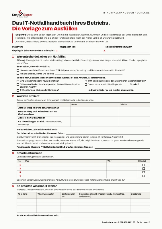 Die erste Seite der Vorlage für das IT-Notfallhandbuch