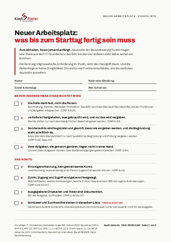 Die erste Seite des Blattes für den neuen Arbeitsplatz