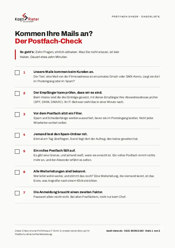 Die erste Seite des Postfach-Checks