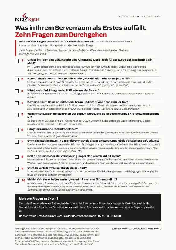 Die Seite des Selbsttests mit zehn Fragen zum Serverraum