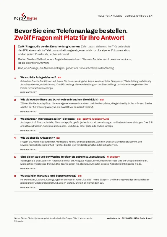 Die erste Seite des Vergleichsbogens für die Telefonanlage