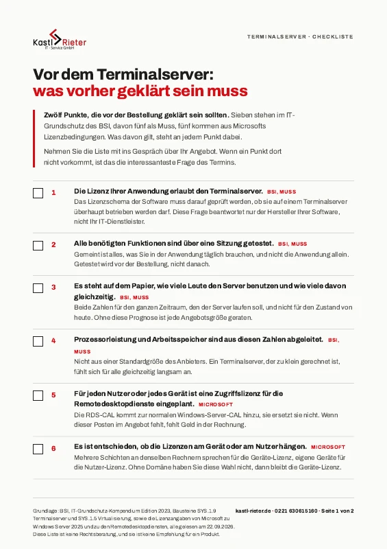 Die erste Seite der Checkliste zum Terminalserver