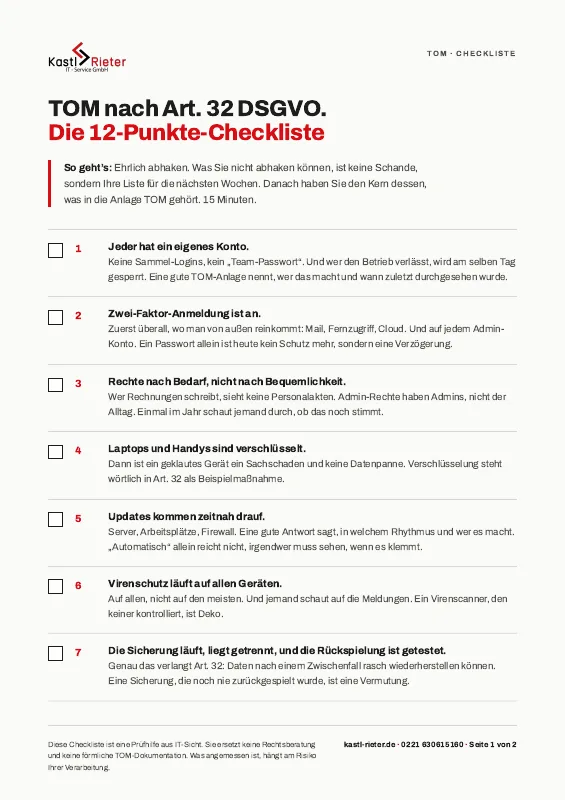 Die erste Seite der TOM-Checkliste