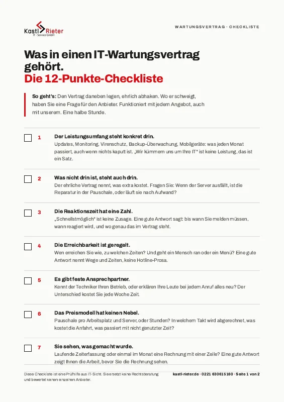 Die erste Seite der Wartungsvertrags-Checkliste