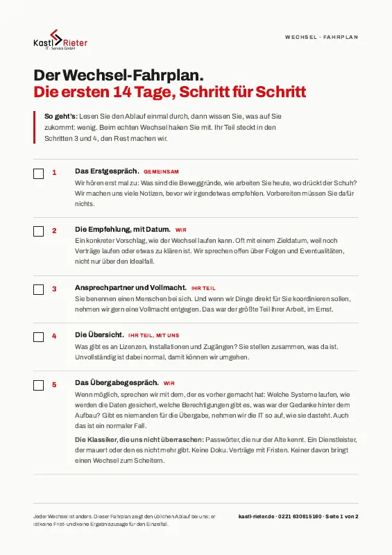 Die erste Seite des Wechsel-Fahrplans